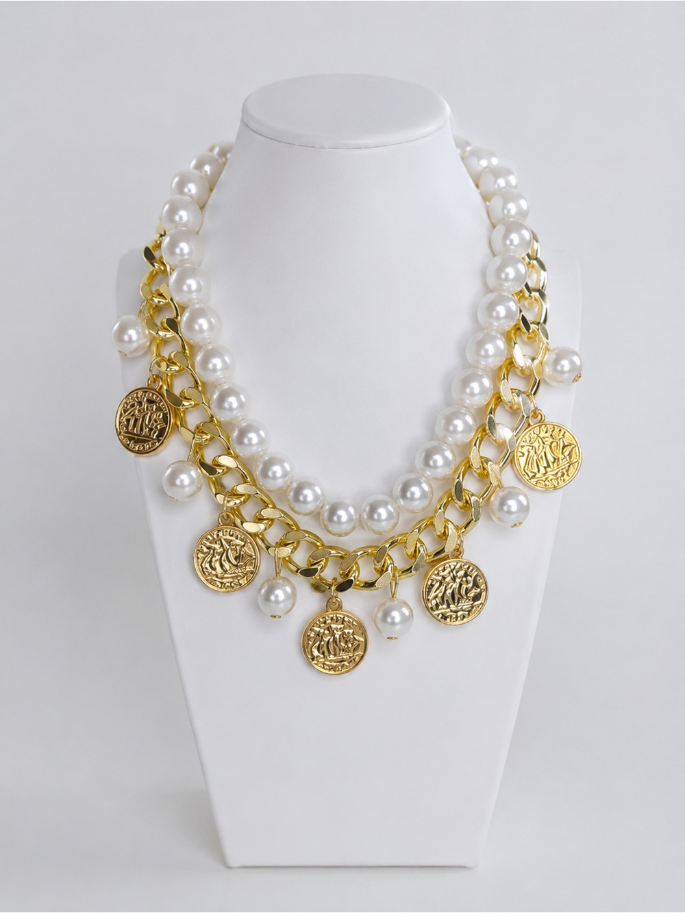 New Layered Faux Pearl & Gold Coin Charm Statement Necklace Set